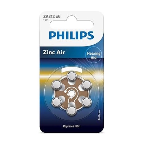 6 x Patarei Philips ZA312 1.4 V Zinc Air (PR41)
