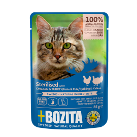 BOZITA Indoor & Sterilised kana ja kalkuni tükid kastmes 12x85g