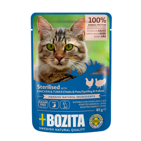 BOZITA Indoor & Sterilised kana ja kalkuni tükid kastmes 12x85g