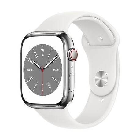 Apple Watch Series 8 GPS + Cellular, Sport Band, 45mm, hõbedane roostevaba teras / valge - Nutikell